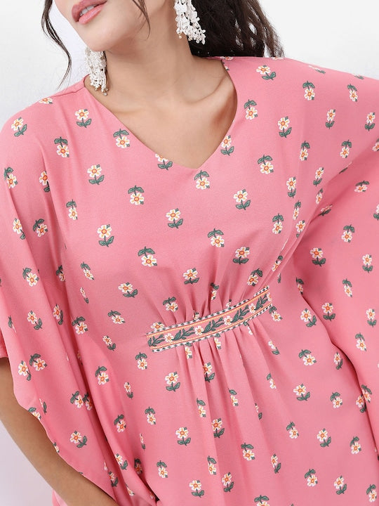 Vishudh Pink Floral Printed V-neck Kaftan With Trouser