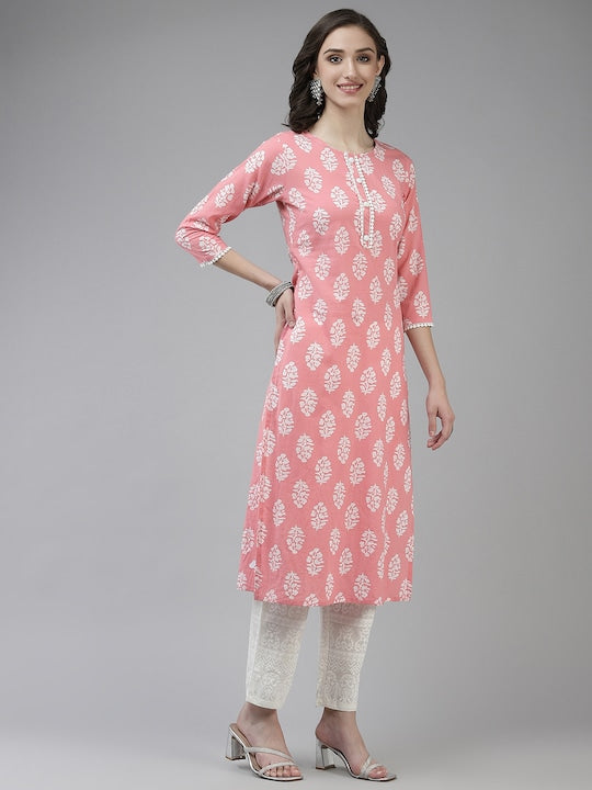 Yufta Women Pink Ethnic Motifs Printed Pure Cotton Kurta with Trousers & Dupatta