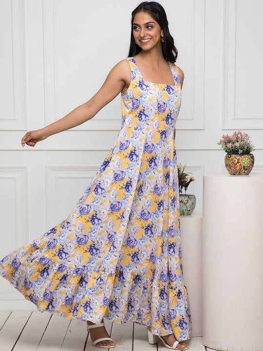 Myshka Floral Printed Square Neck Sleeveless A-Line Dress