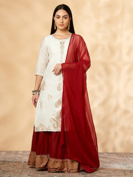 IMARA Ethnic Motifs Embroidered Thread Work Chanderi Cotton Kurta & Skirt With Dupatta