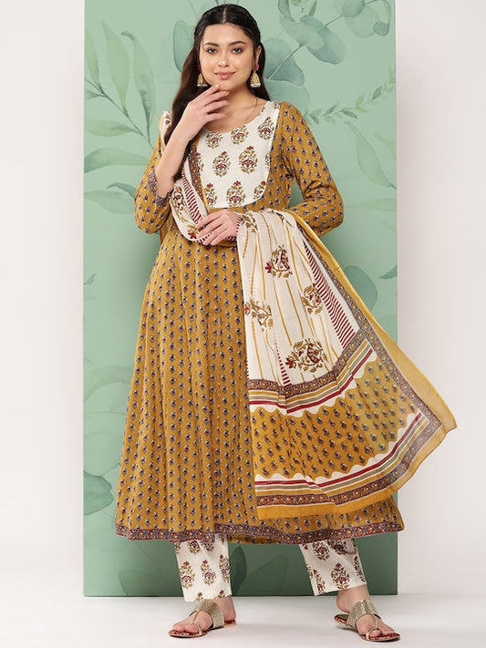Yufta Floral Printed Pure Cotton Kurta with Trousers & With Dupatta