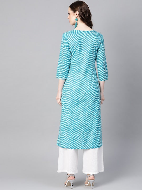 Yufta Women Blue & Off-White Leheriya Dyed Straight Kurta Blue