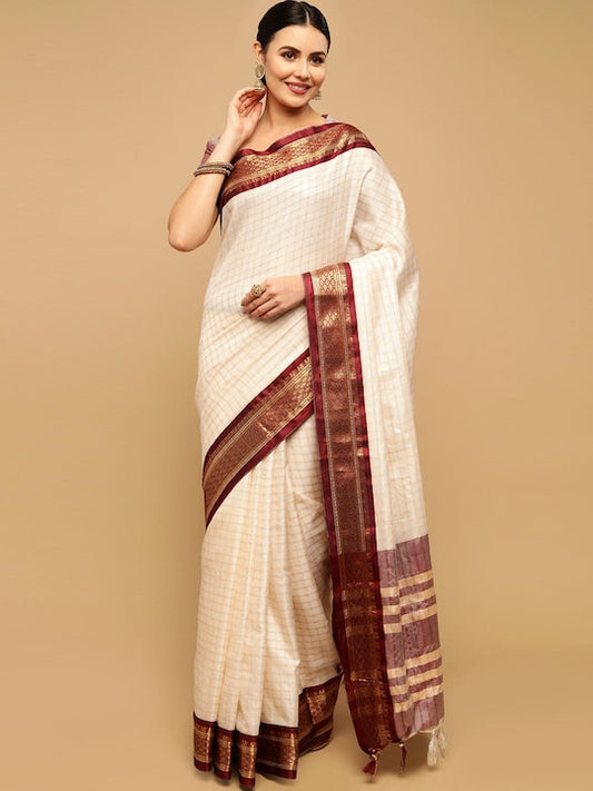 Satrani Women Off White & Maroon Woven Design Zari Saree