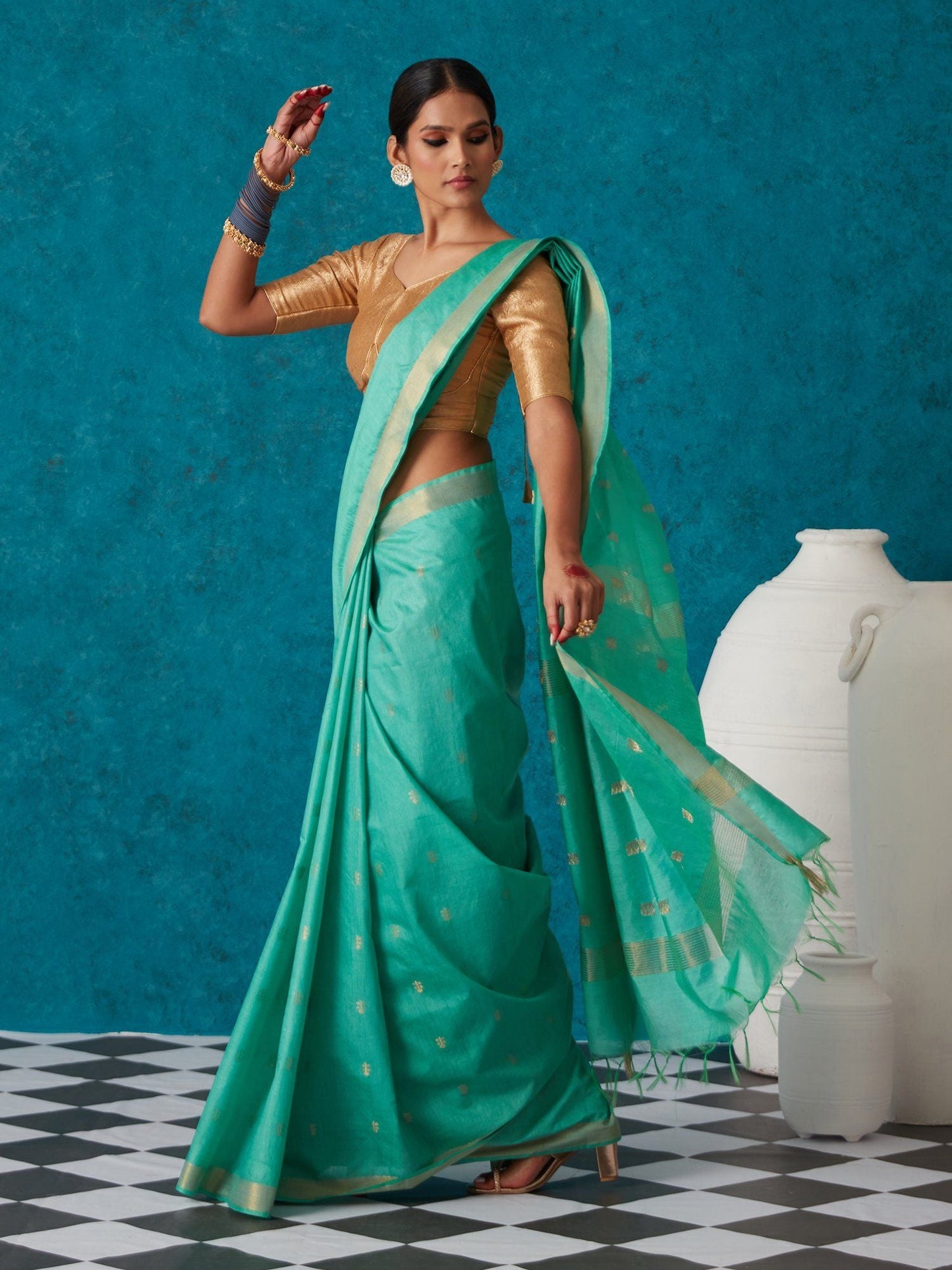 Likha Green Bhagalpuri Festive Linen Zari Saree & Unstitched Blouse LIKSAR38 (Free Size)