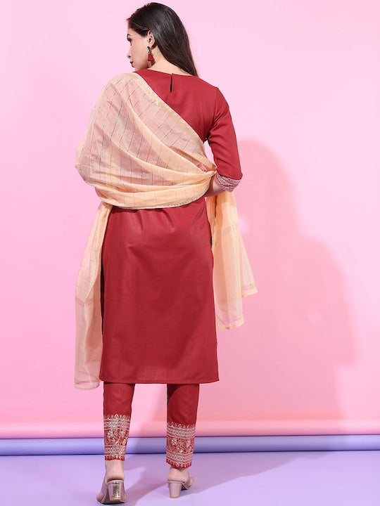 Vishudh Women Red Ethnic Motifs Yoke Design Kurta with Trousers & With Dupatta