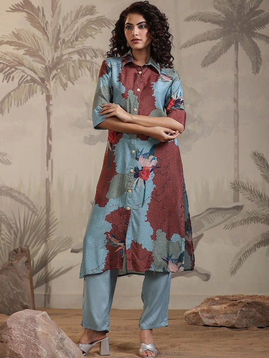 SCAKHI Floral Printed Shirt Collar Kurta With Trousers