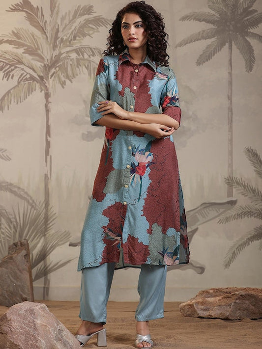 SCAKHI Floral Printed Shirt Collar Kurta With Trousers