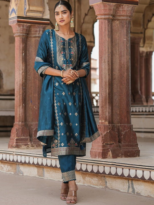 Scakhi Ethnic Motifs Woven Design Regular Kurta With Trousers & Dupatta