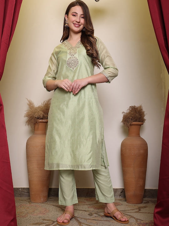House of Pataudi Ethnic Motifs Embroidered V-Neck Straight Kurta With Trouser & Dupatta