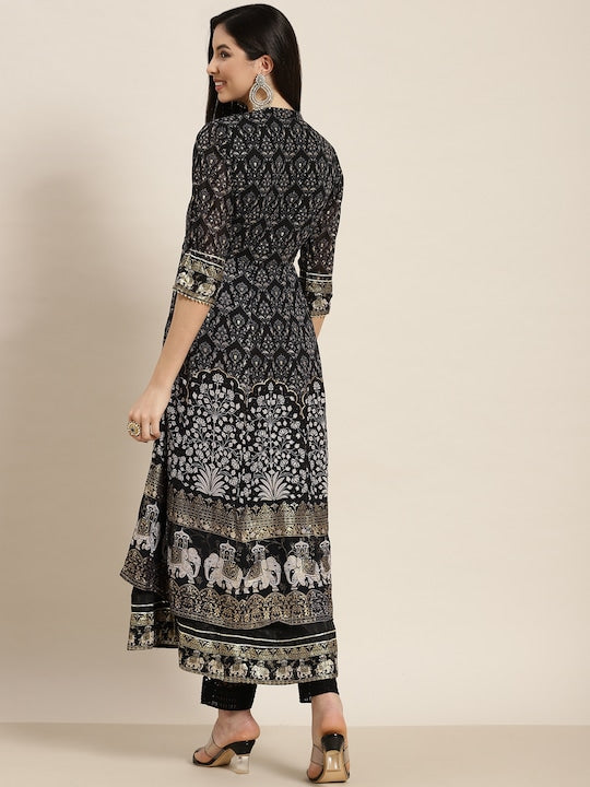 Juniper Women Black Ethnic Motifs Printed Georgette Kurta