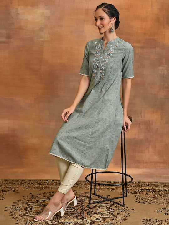 AKS Floral Embroidered Thread Work Cotton A-Line Kurta
