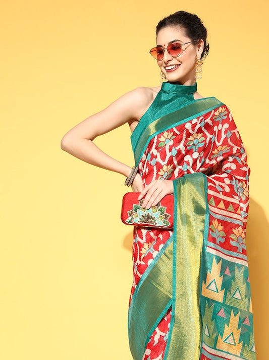 Saree mall Red & Sea Green Floral Zari Linen Blend Pochampally Sarees