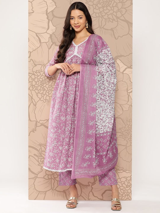 Yufta Women Floral Printed Regular Pure Cotton Kurta with Trousers & With Dupatta