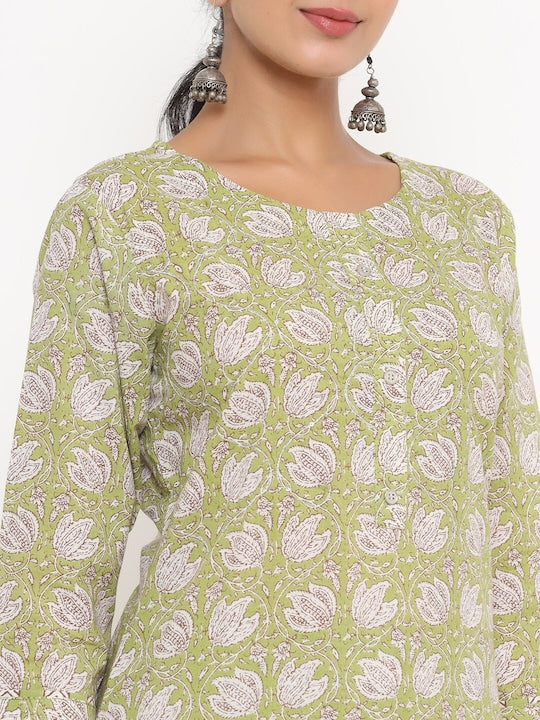 Yufta Women Floral Printed Pure Cotton Kurta with Trousers