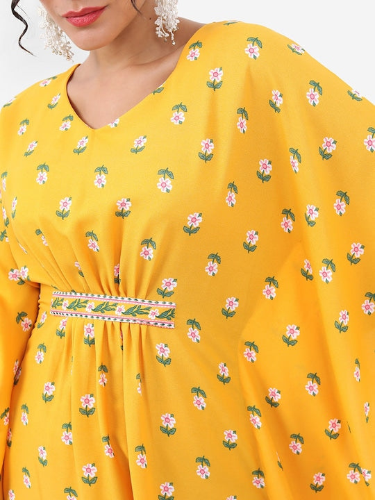 Vishudh Yellow Floral Printed Flared Sleeves Regular Kaftan With Trouser