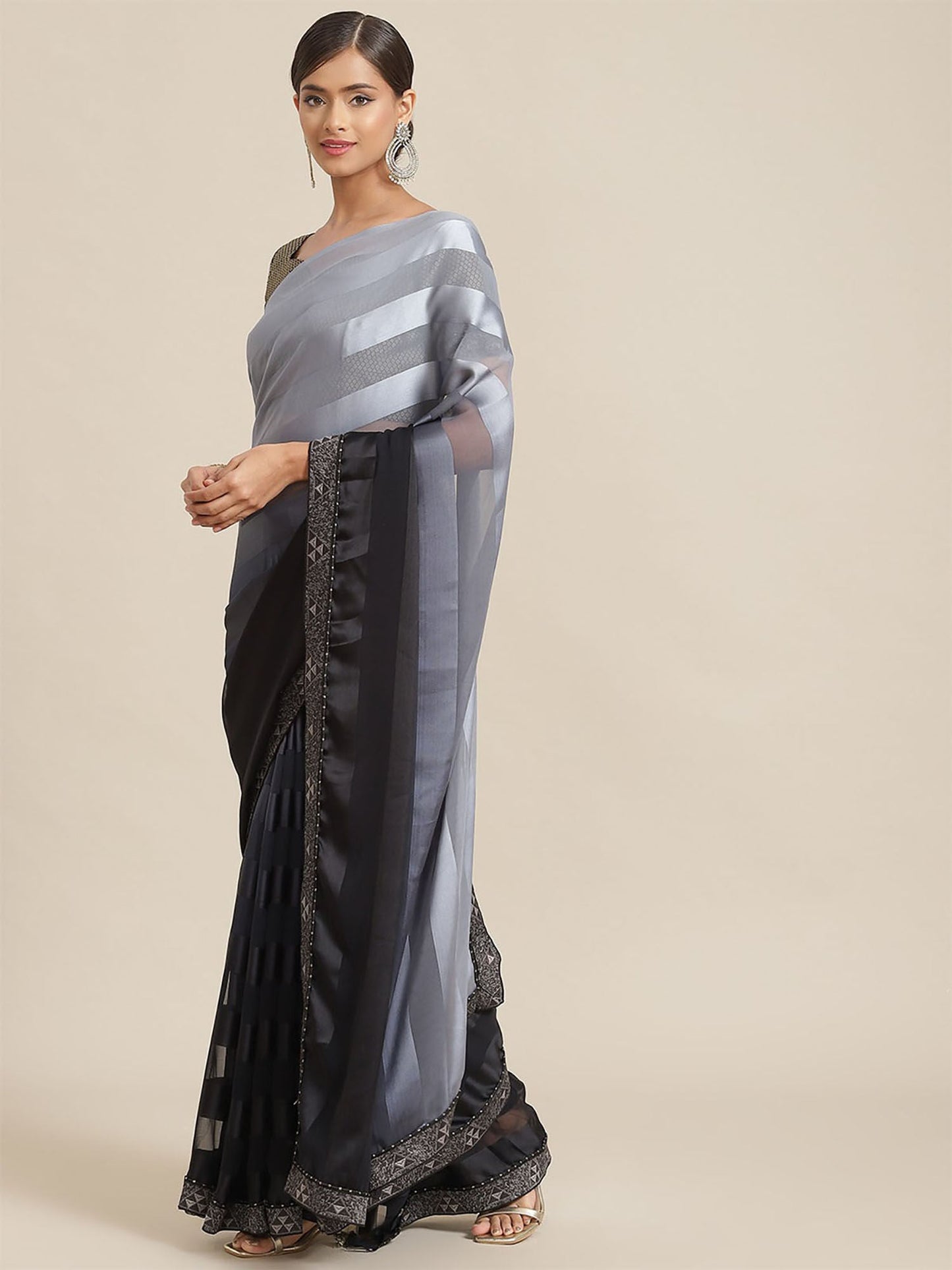 Odette Grey Printed Poly Silk Saree with Unstitched Blouse