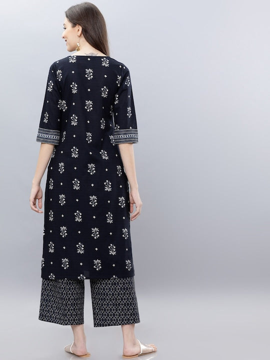 Vishudh Women Navy Blue & Off-White Printed Cotton Kurta with Palazzos