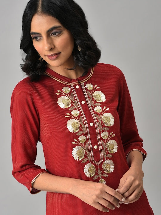 Aurelia Women Red Embroidered Liva Kurta with Beige Trouser Pants