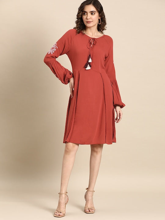 All about you Solid Tie-Up Neckline Fit & Flare Dress