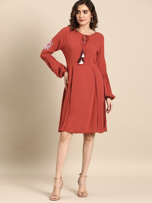 All about you Solid Tie-Up Neckline Fit & Flare Dress