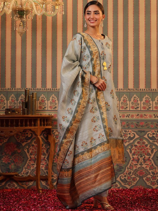 Scakhi Floral Printed Sequinned Kurta With Trousers & Dupatta