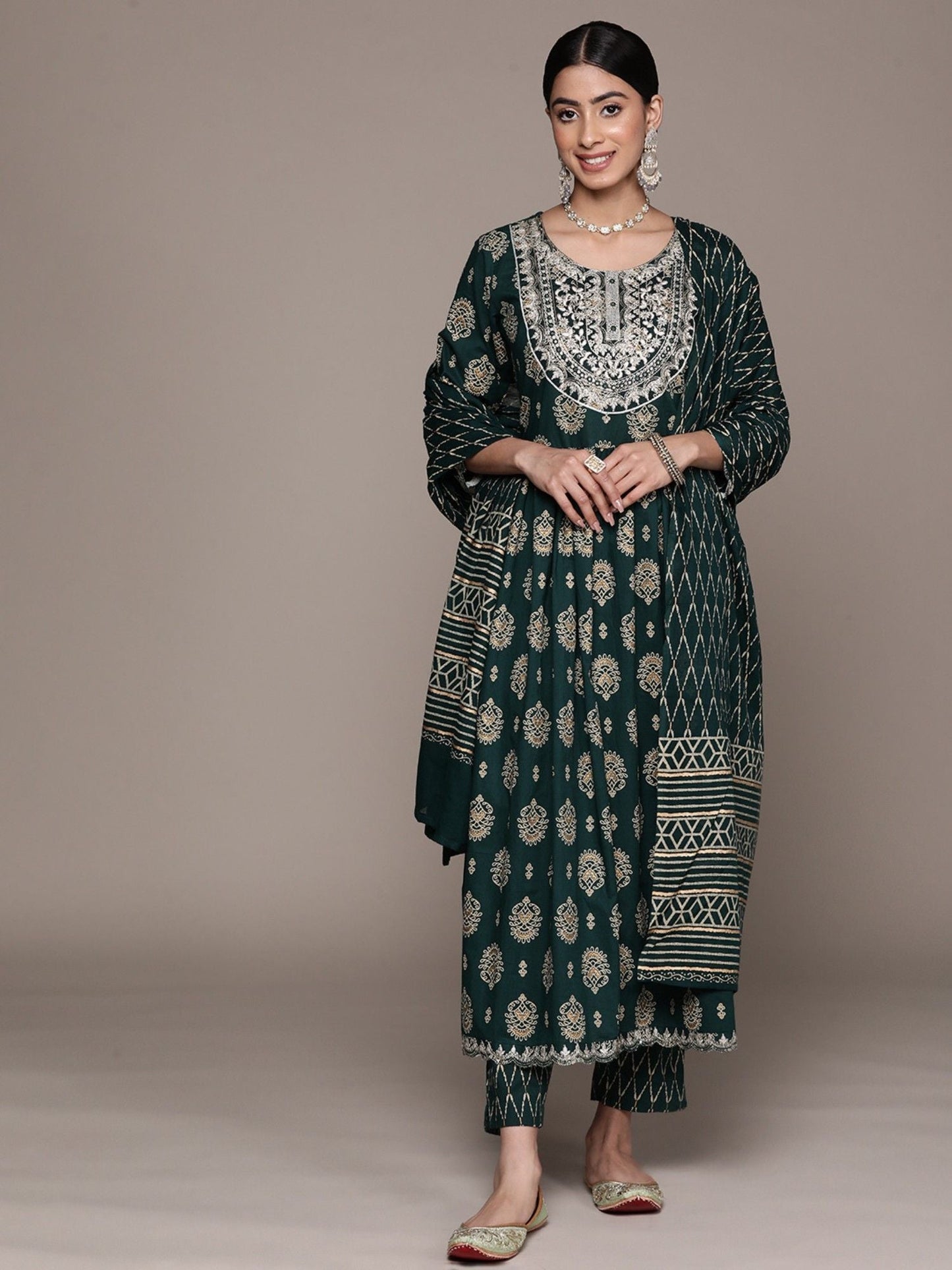 ISHIN Womens Teal Embroidered Zari Flared Kurta With Pant And Dupatta (Set of 3)