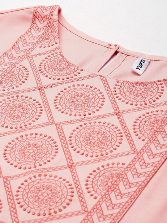 Yufta Women Pink Ethnic Motifs Yoke Design Thread Work Kurta with Palazzos