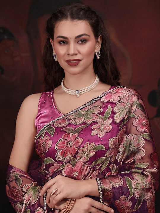 Saree mall Floral Printed Beads and Stones Brasso Sarees