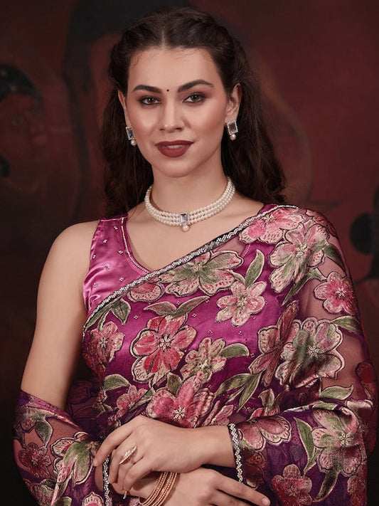 Saree mall Floral Printed Beads and Stones Brasso Sarees
