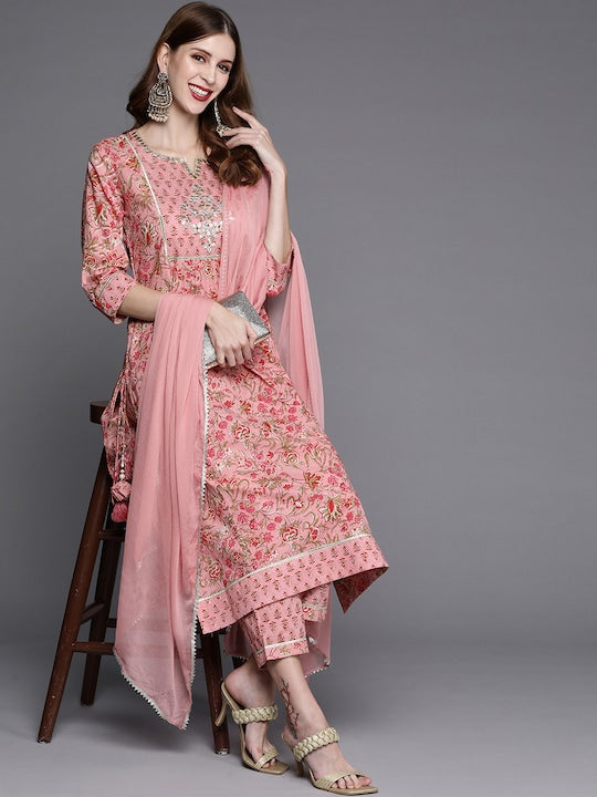 Varanga Women Pink Printed Gotta Patti Pure Cotton Kurta with Trousers & Dupatta