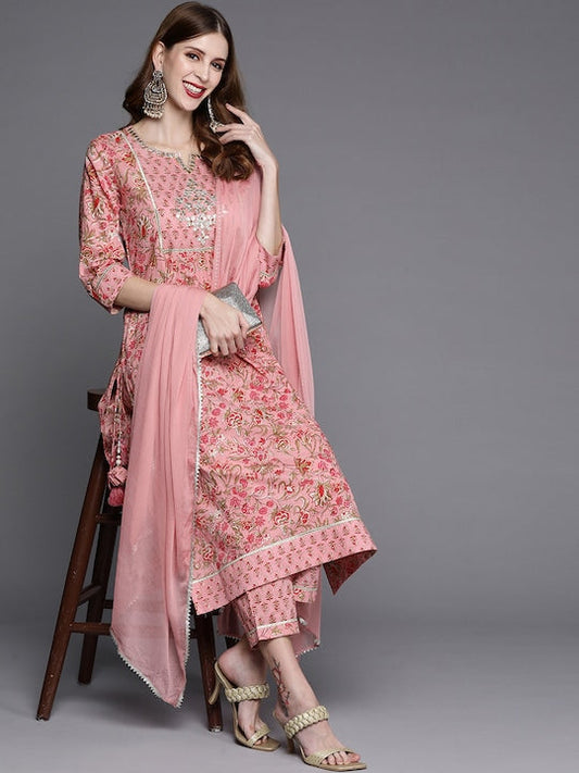 Varanga Women Pink Printed Gotta Patti Pure Cotton Kurta with Trousers & Dupatta