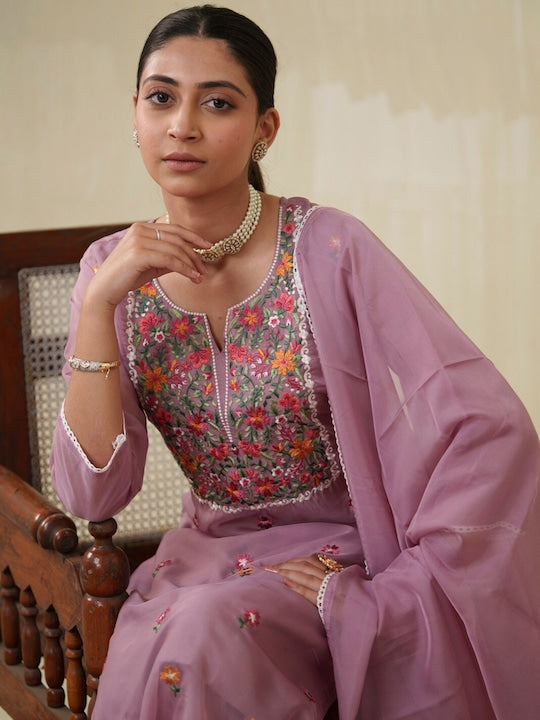 House of Pataudi Ethnic Motifs Embroidered Thread Work Kurta With Trouser & Dupatta Set