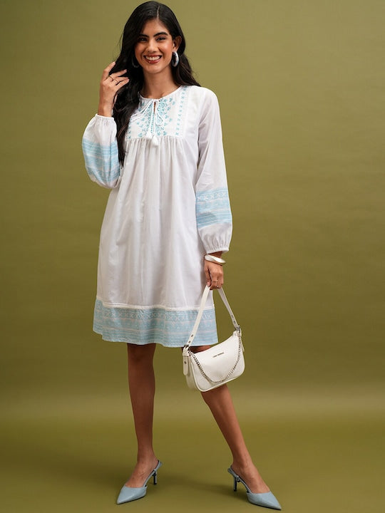 Vishudh White Floral Embroidered Tie-Up Neck Cotton Empire Dress