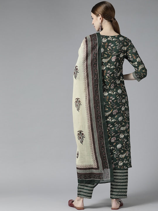 Yufta Women Green Floral Printed Pure Cotton Kurta with Trousers & With Dupatta