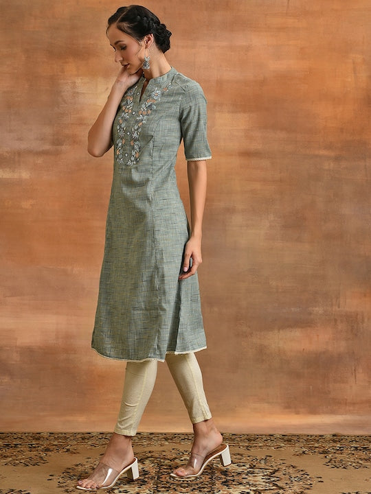 AKS Floral Embroidered Thread Work Cotton A-Line Kurta