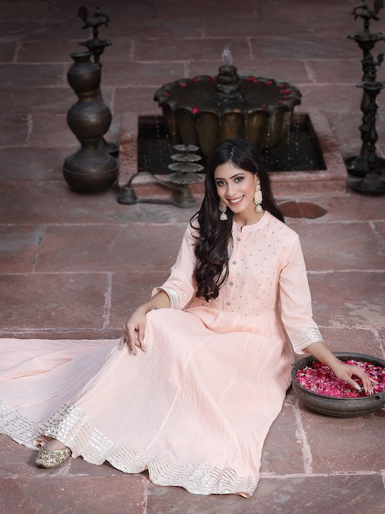 Juniper Women Peach-Coloured Solid Cotton Flared Kurta