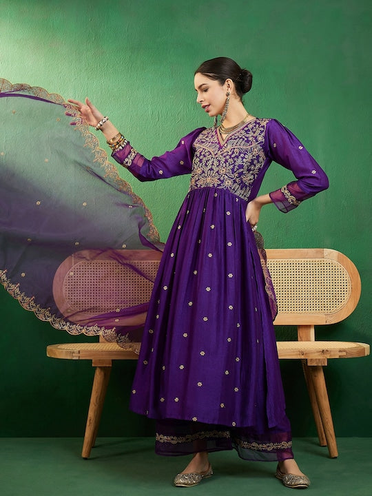 Sangria Purple Ethnic Motifs Embroidered A-Line Kurta With Palazzo & Dupatta