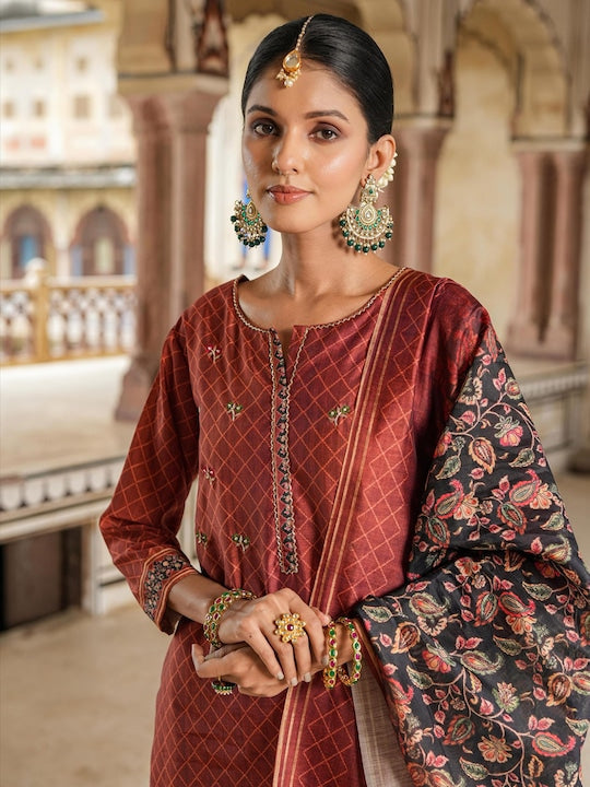 Scakhi Thread Work Chanderi Silk Kurta with Trousers & Dupatta