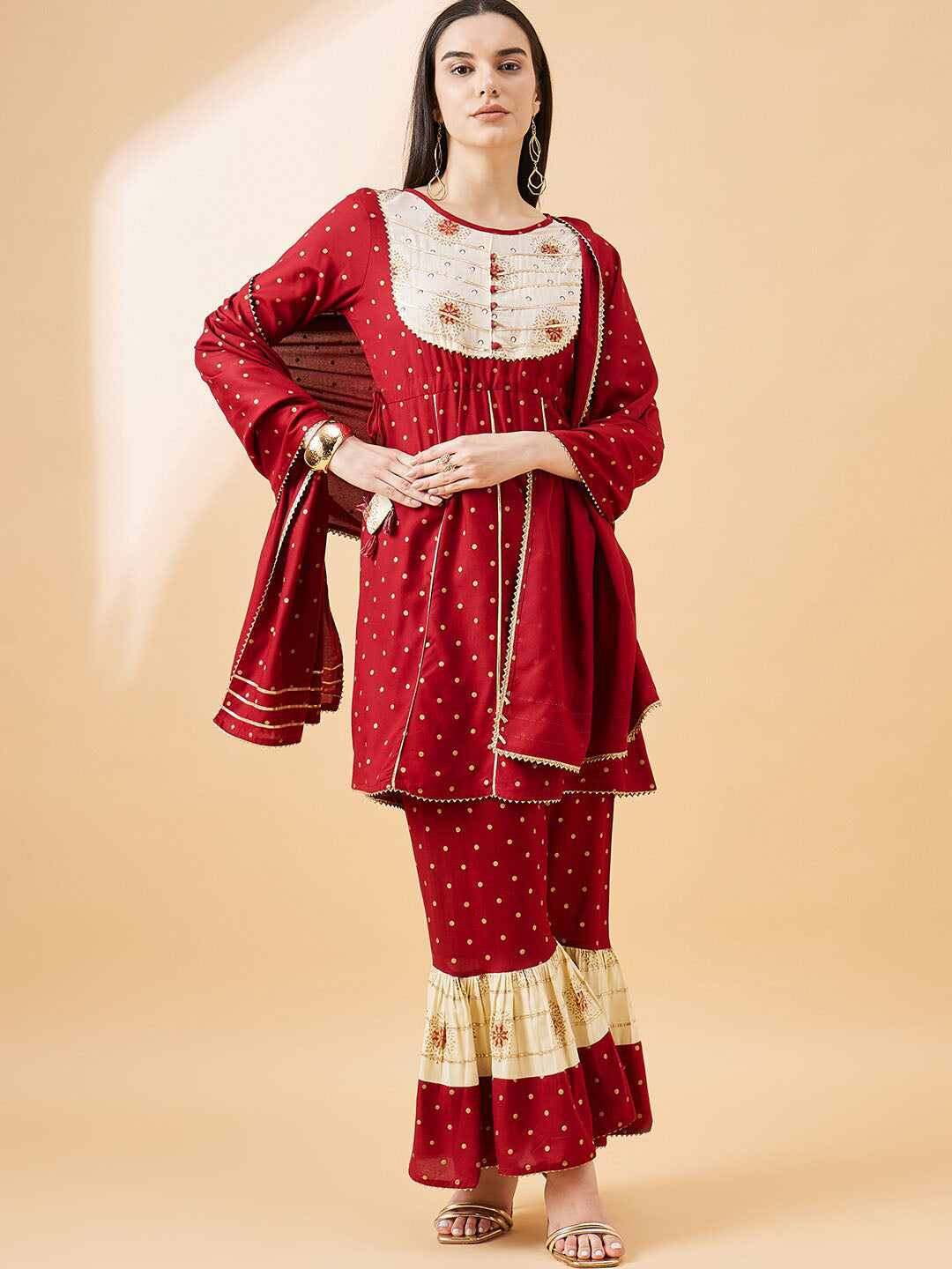 Sangria Polka Dots Printed Gotta Patti A-Line Kurta With Sharara & Dupatta