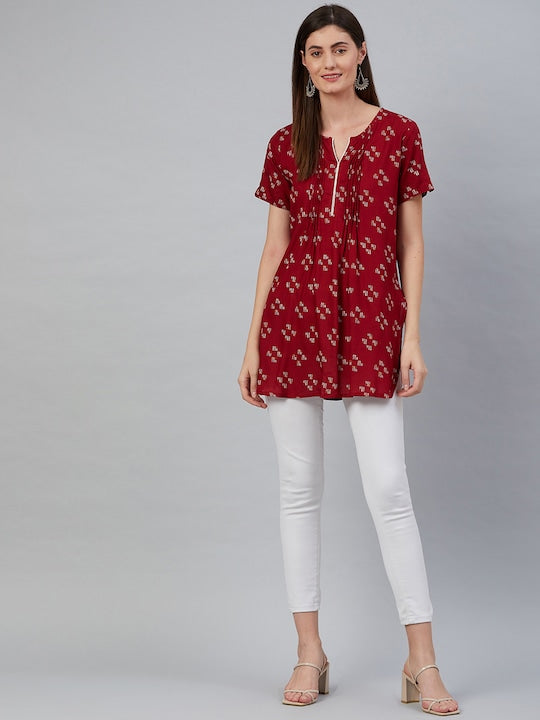 Anubhutee Maroon & White Geometric Printed Pleated Kurti