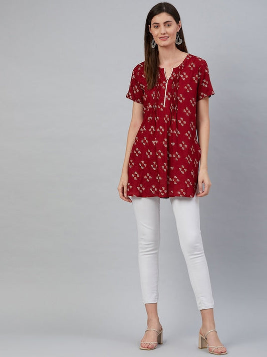 Anubhutee Maroon & White Geometric Printed Pleated Kurti