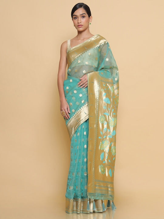 Soch Green & Gold Toned Floral Zari Organza Saree