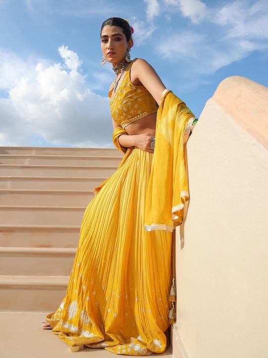 Scakhi Mustard & Gold-Toned Embroidered Foil Print Ready to Wear Lehenga & Blouse With Dupatta