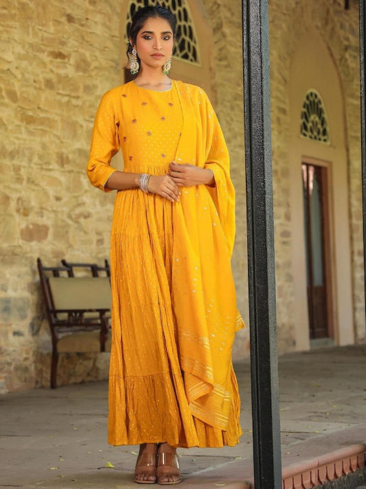 Scakhi Embellished Fit & Flare Tiered Cotton Jacquard Maxi Ethnic Dress With Dupatta