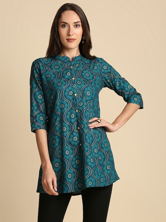 Anubhutee Women Teal Blue & Beige Ethnic Motifs Printed Straight Kurti