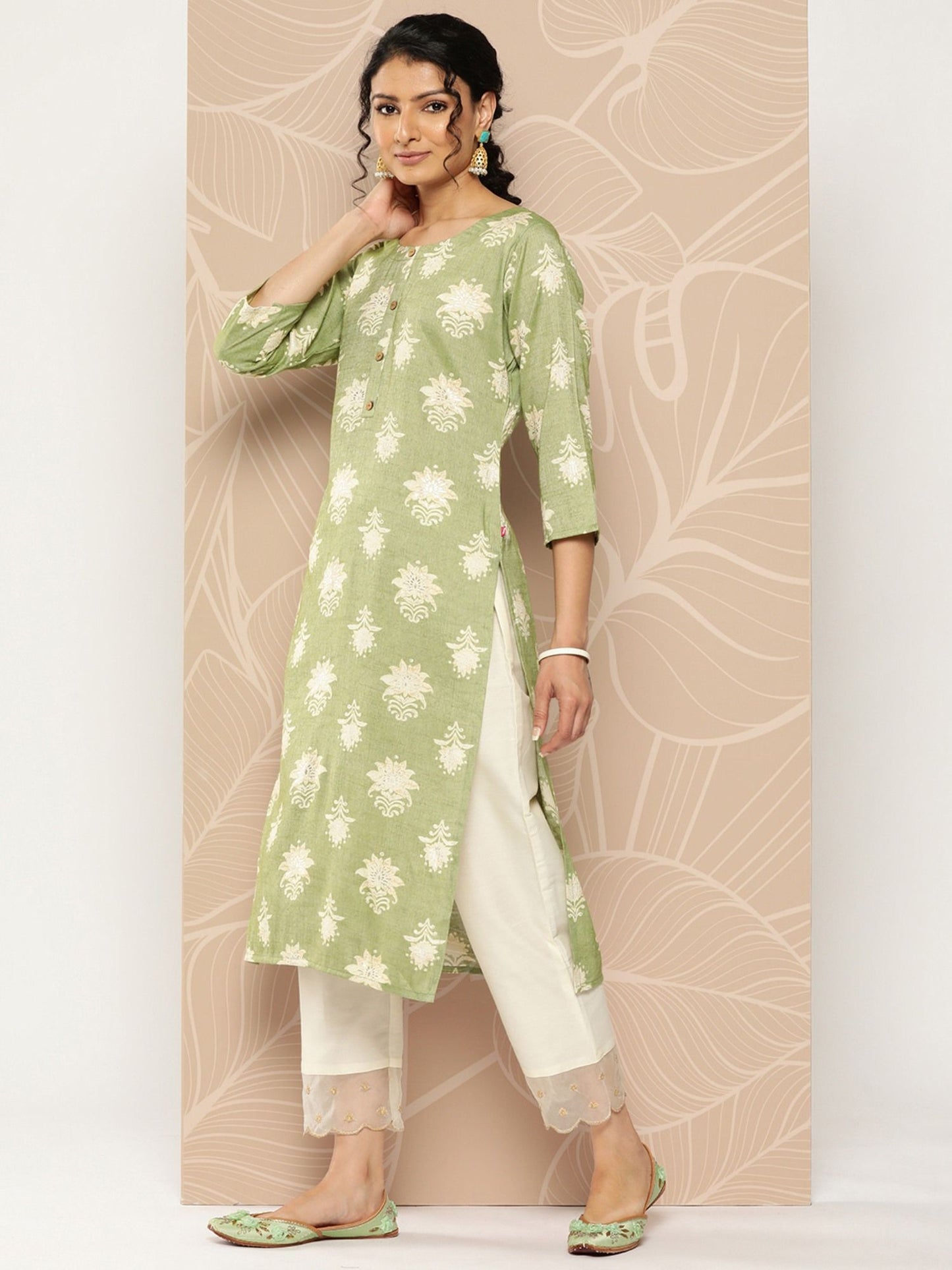 KSUT Green Colour Foile Printed Kurta Straight Kurta