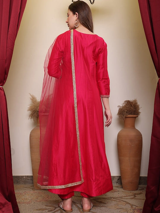 House of Pataudi Embroidered Round Neck Three-Quarter Sleeves A-Line Kurta Set