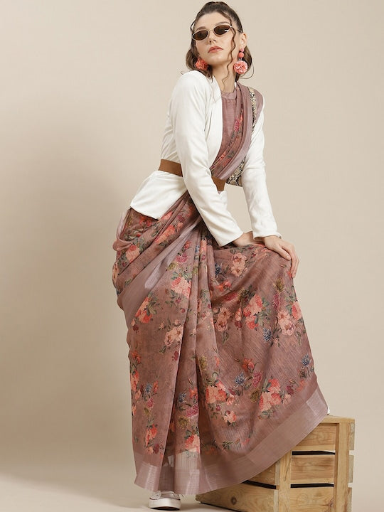 AKS Floral Printed Zari Silk Blend Chanderi Saree