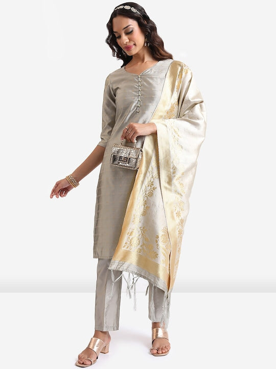Vishudh Geometric Woven Design Regular Kurta With Trousers & Dupatta