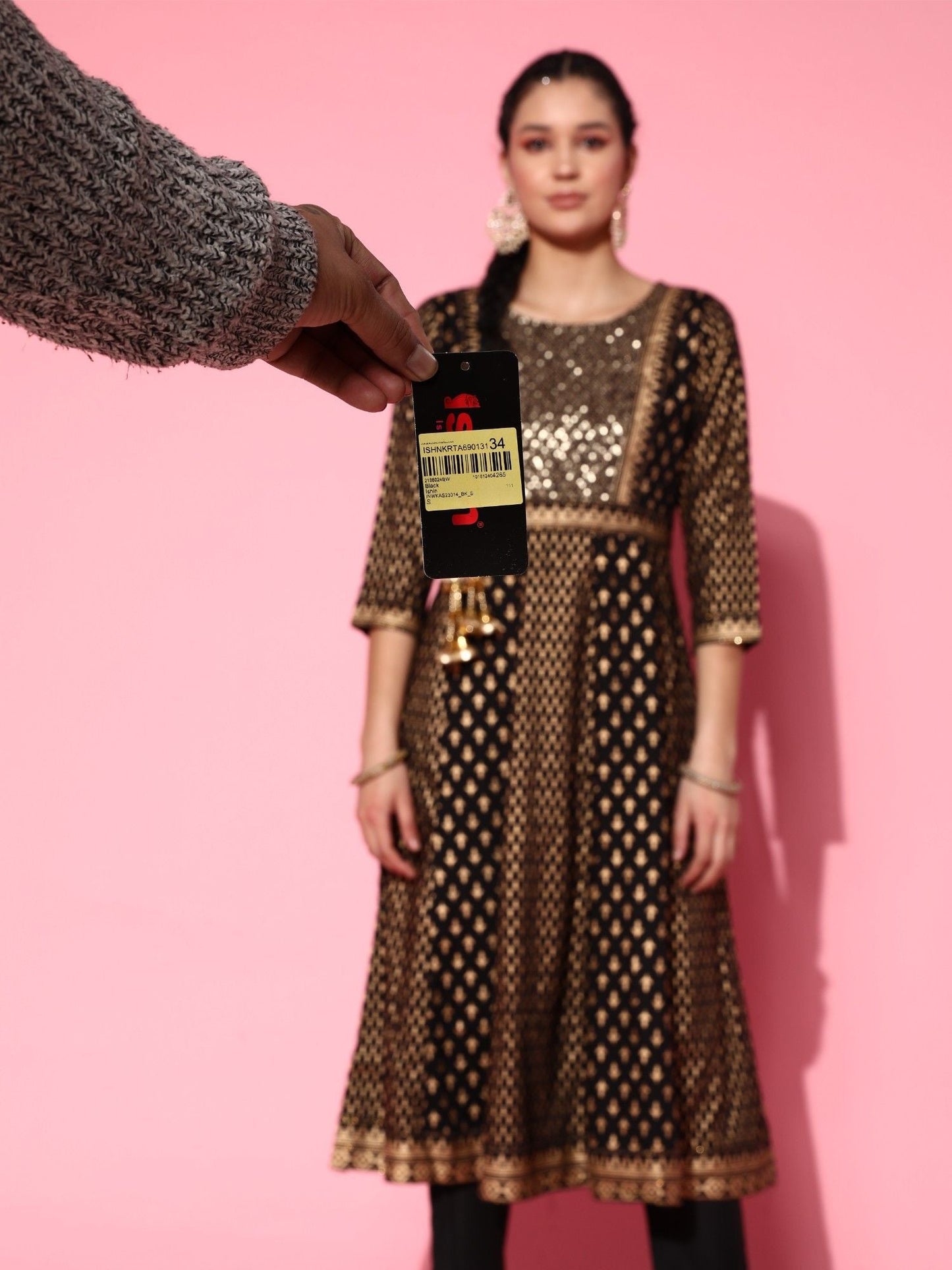 ISHIN Womens Black Embellished Anarkali Kurta